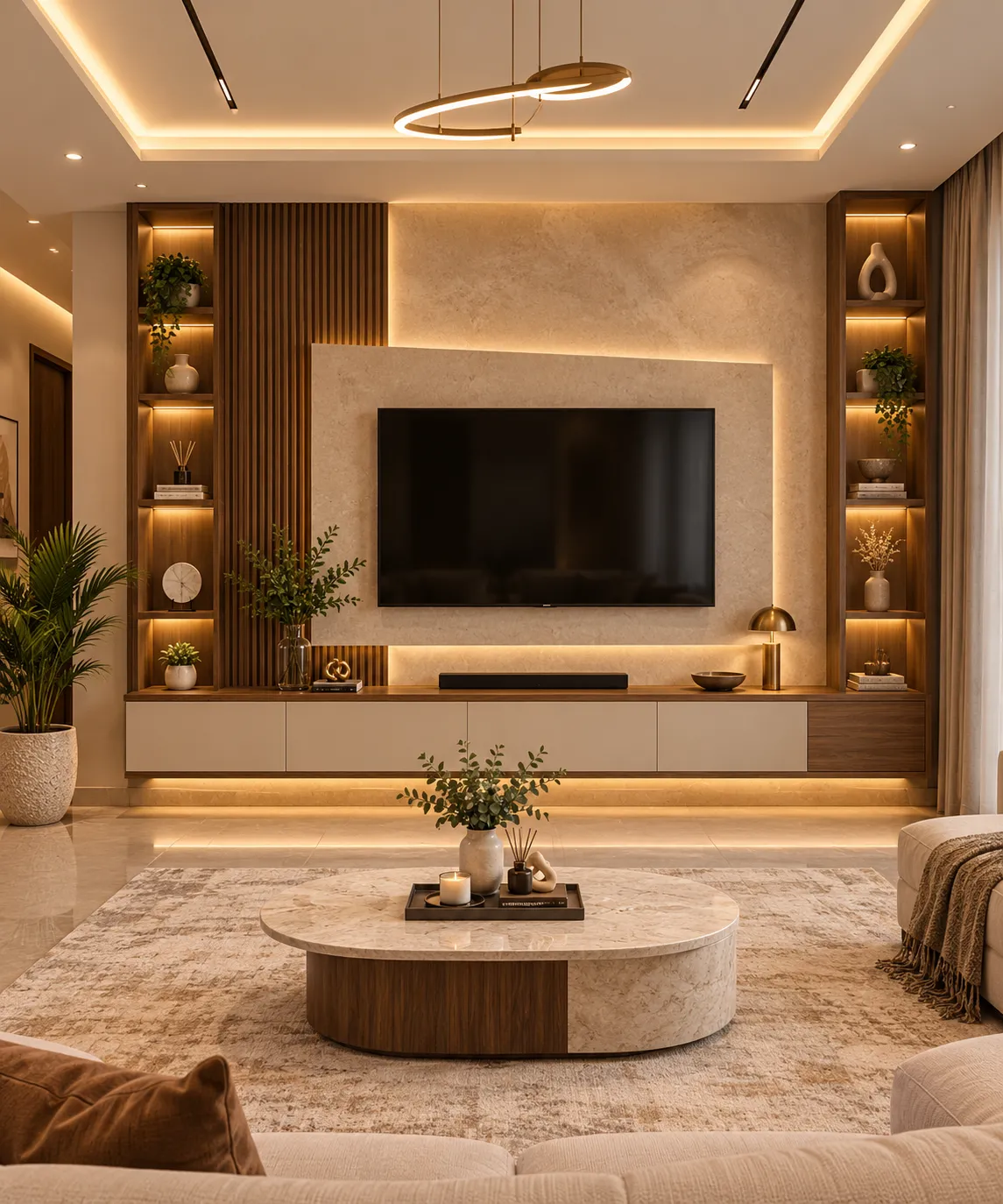 Modern TV unit and custom furniture designed for a stylish, functional living room in Kolkata, with smart storage and a clean contemporary finish.