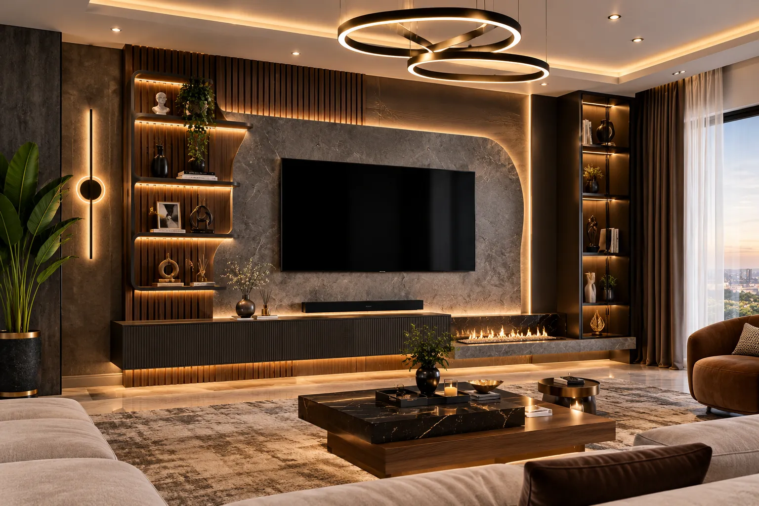 A modern TV wall featuring custom storage, sleek finishes and practical furniture details, designed to complement a contemporary Kolkata home.