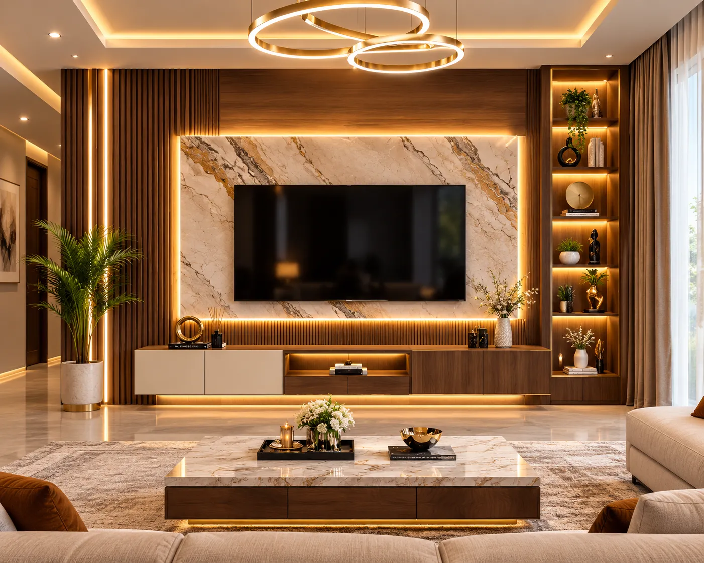 Modern TV unit with custom storage, clean finishes and practical furniture design for a stylish living room in Kolkata.