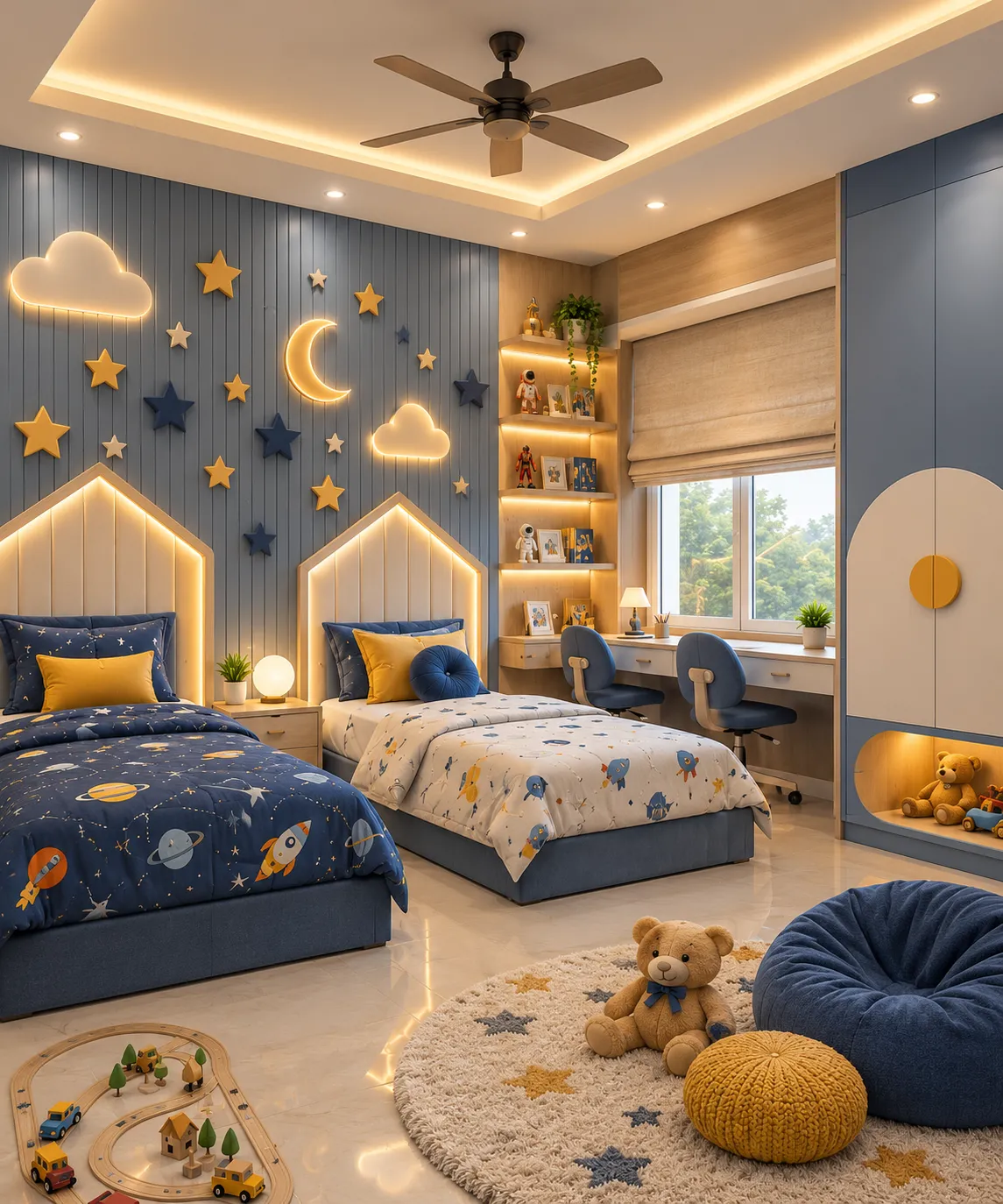 Thoughtfully designed kids room interior with customised furniture, smart storage, a comfortable study area and playful details for a cheerful everyday space.