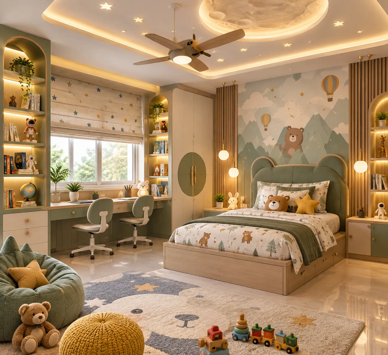 A creative kids bedroom featuring a well-planned layout, practical storage, customised furniture, soft lighting and a comfortable space for study, play and relaxation.