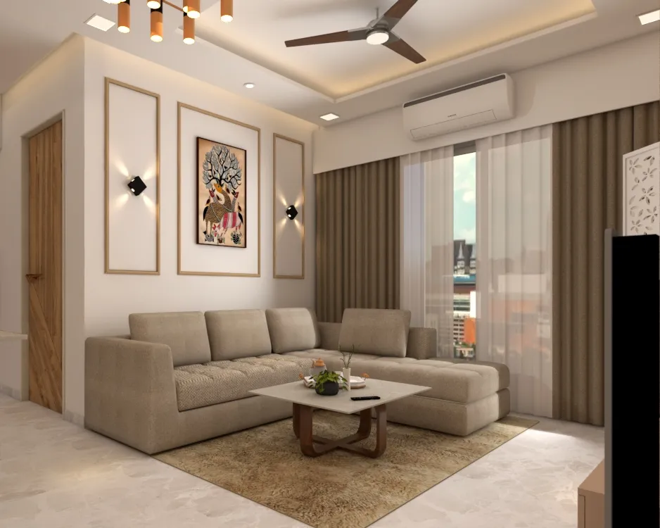 Modern industrial-style living room interior in Sarsuna, Kolkata, featuring a concrete feature wall, exposed brick bookcase, wooden coffee table, and lush indoor plants by Agnimitra Interior Design.