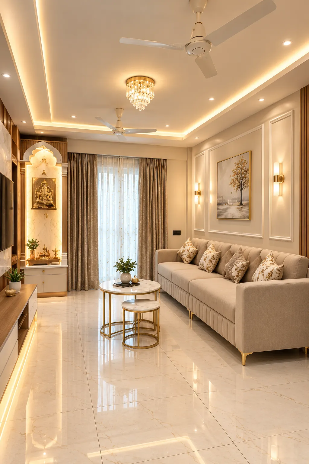A residential interior in Narendrapur featuring customised furniture, organised storage, modern lighting and practical space planning for everyday home use.