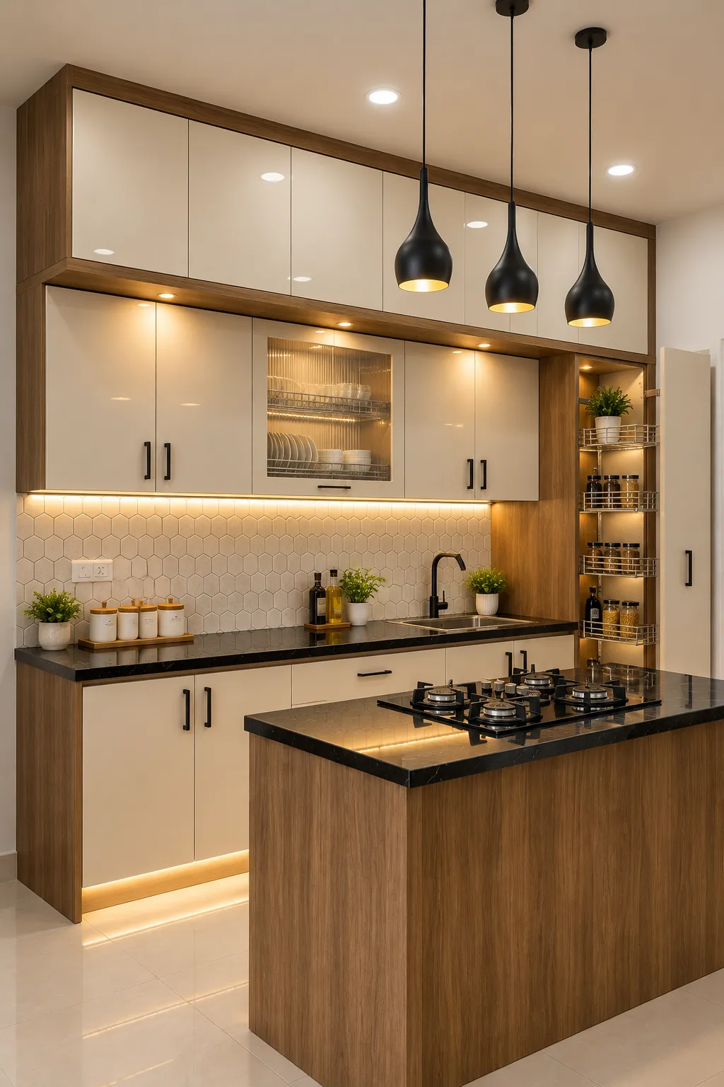 Modern modular kitchen interior in Rajarhat, Kolkata, designed with functional storage, organised cabinetry, practical workspace, contemporary finishes and efficient space planning by Agnimitra Interior Design.