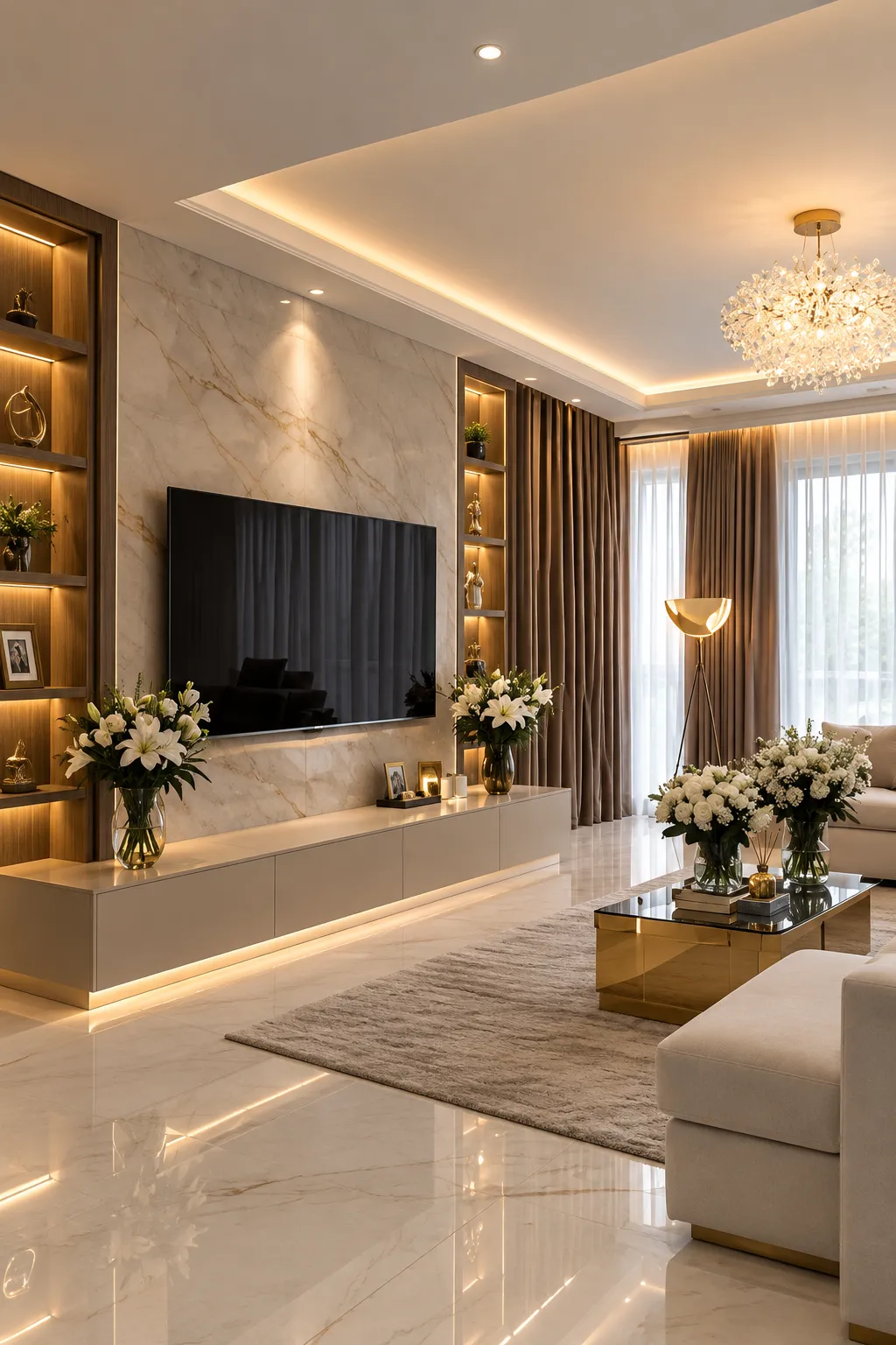 Beautiful living room interior design in Dum Dum, Kolkata, featuring a contemporary TV unit, customised furniture, decorative wall panels, warm lighting and elegant finishes by Agnimitra Interior Design.