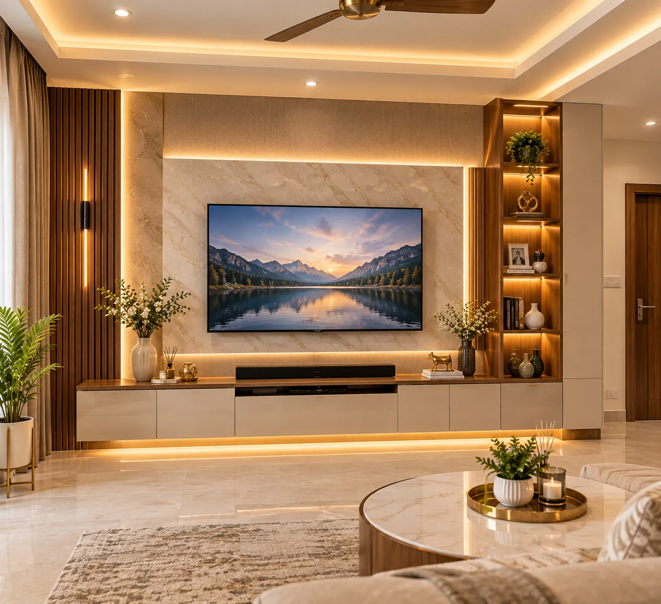 Modern TV Unit Design with Decorative Wall Panels in Baranagar