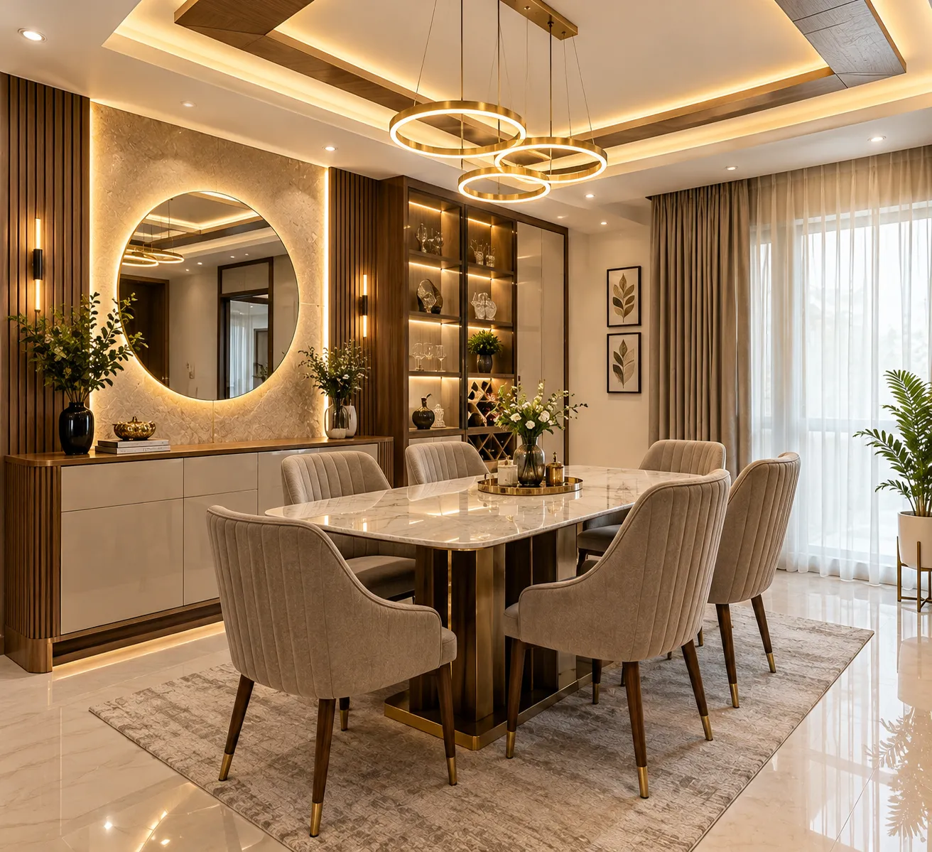 Modern dining room interior design in Baranagar, Kolkata, featuring an elegant dining table, upholstered chairs, decorative lighting, and stylish storage by Agnimitra Interior Design.