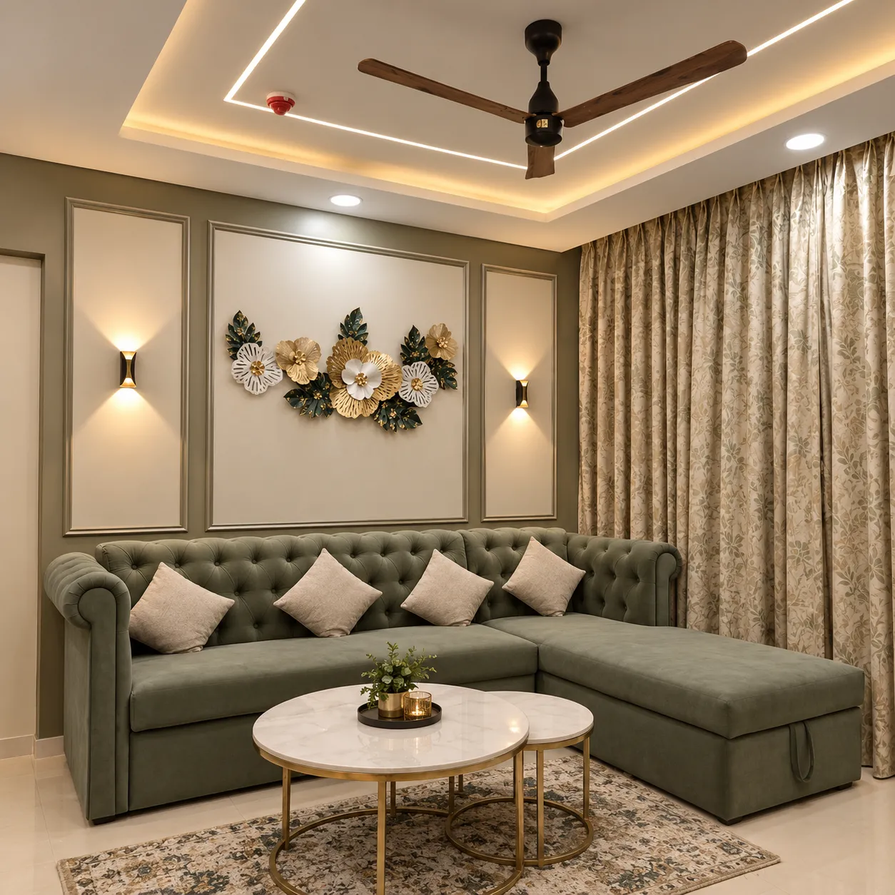 Modern living room interior design in Baranagar, Kolkata, featuring stylish seating, an elegant TV wall, decorative lighting, and contemporary finishes by Agnimitra Interior Design.