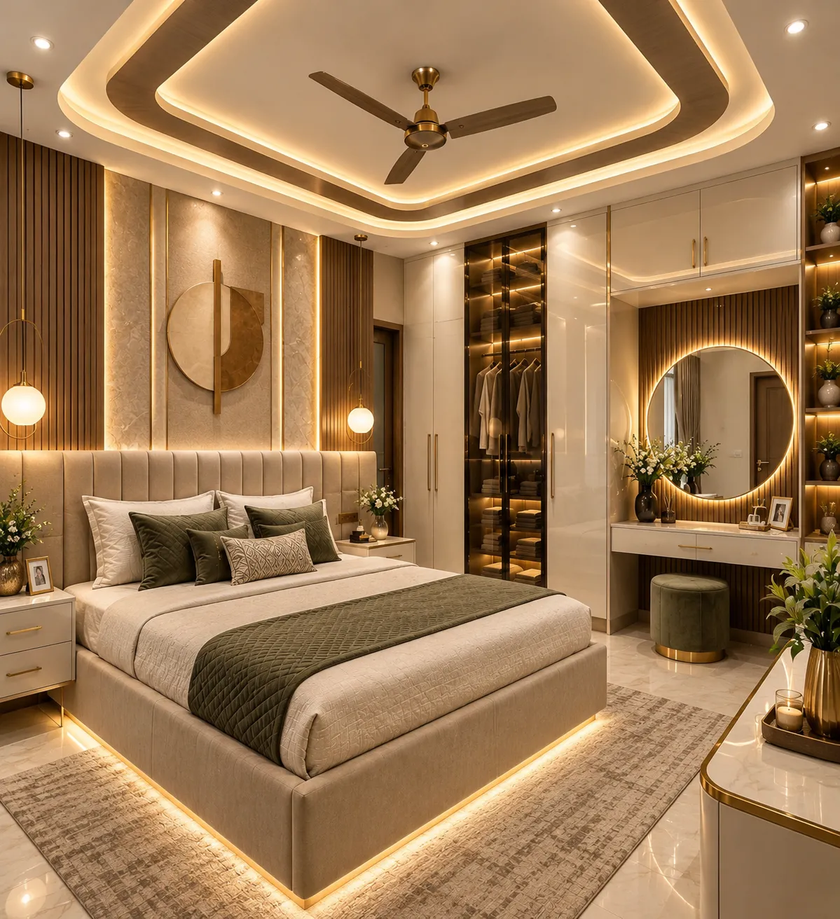 Elegant bedroom interior design in Baranagar, Kolkata, featuring a modern bed, customised wardrobe, stylish wall panels, and ambient lighting by Agnimitra Interior Design.