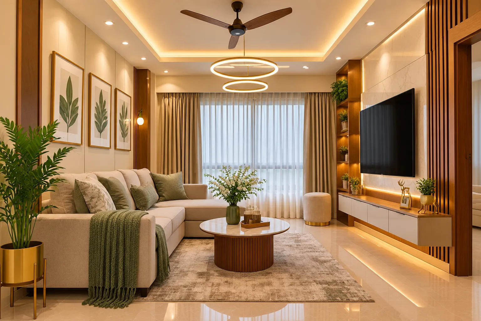 Modern residential interior design featuring elegant living room furniture, customised wardrobes, modular kitchen solutions, decorative wall finishes, stylish lighting, and functional space planning by Agnimitra Interior Design in Thakurpukur, Kolkata.