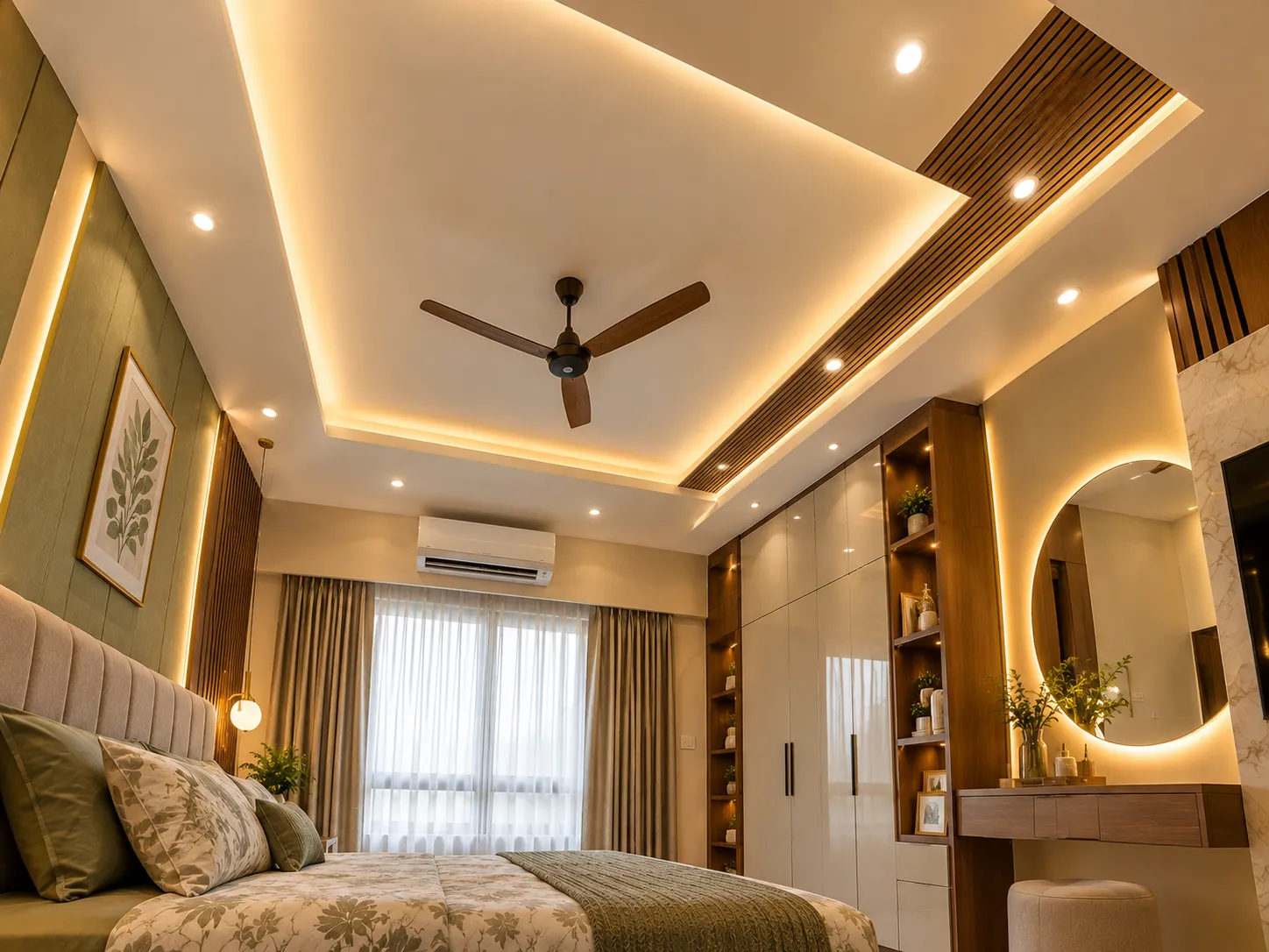 Bedroom interior design and renovation featuring a modern headboard, customised wardrobes, stylish wall finishes, upgraded lighting, and smart storage solutions by Agnimitra Interior Design in Thakurpukur, Kolkata.
