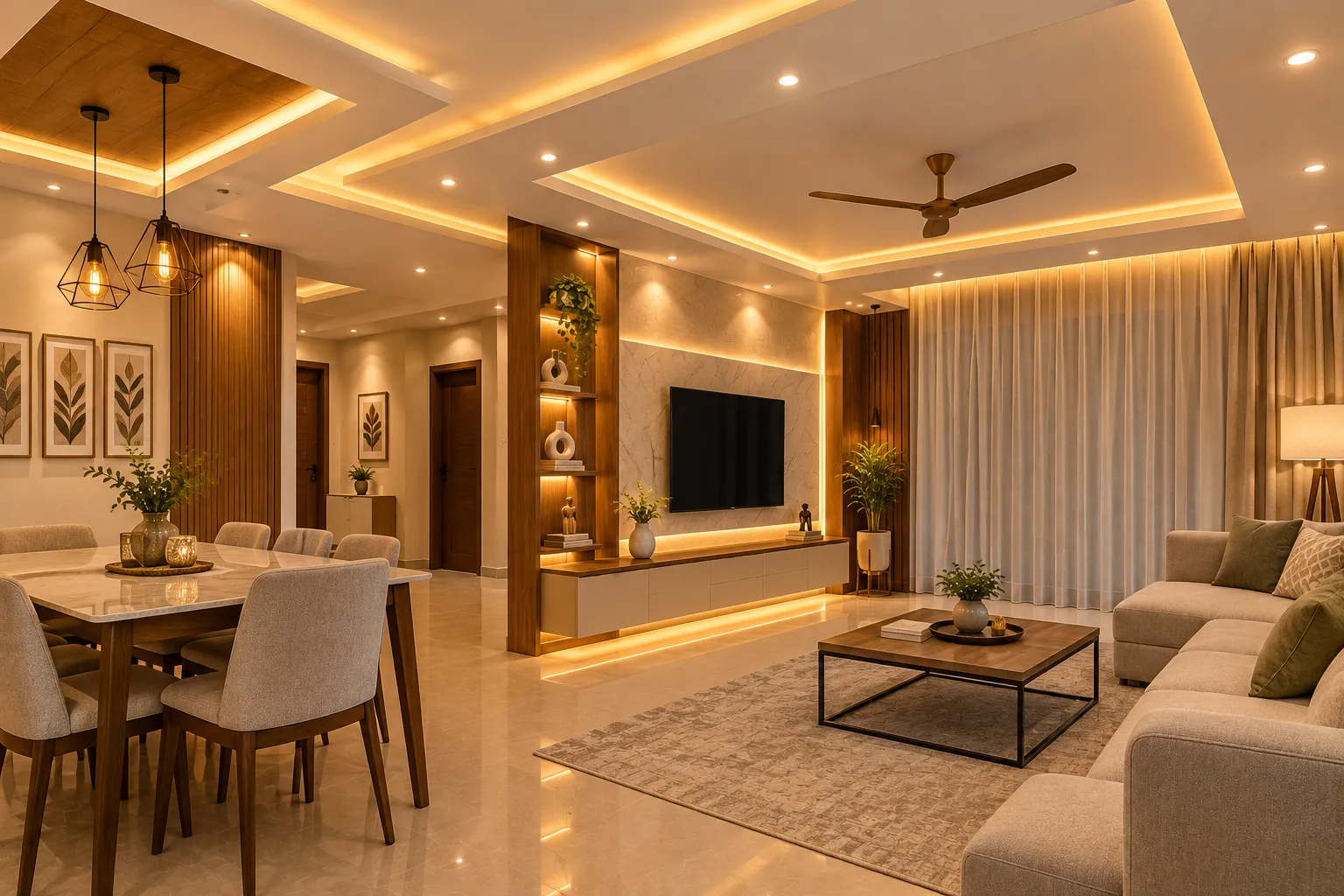 Modern interior lighting design featuring elegant ceiling lights, recessed LED spotlights, and ambient cove lighting for stylish residential interiors by Agnimitra Interior Design in Thakurpukur, Kolkata.