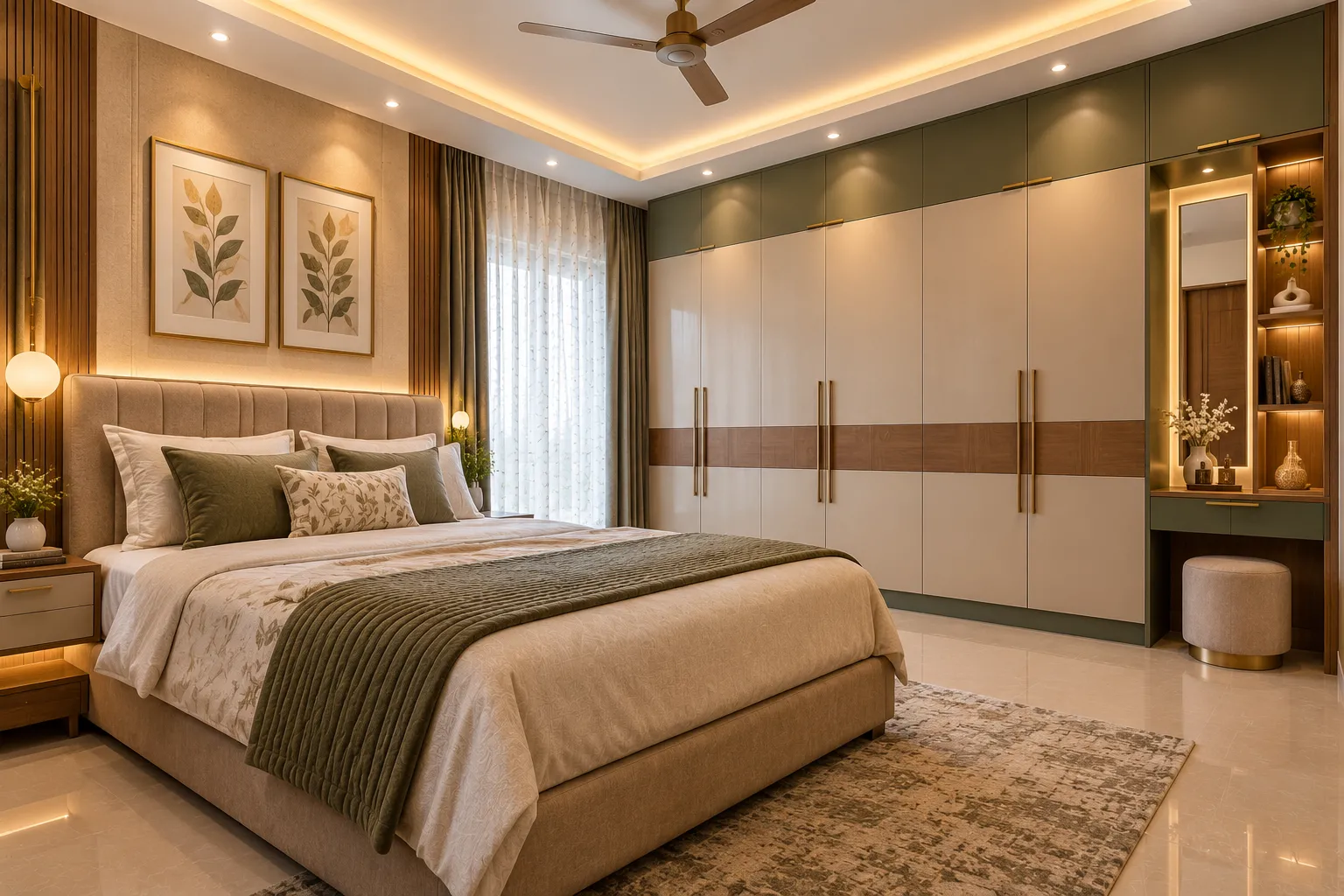 Agnimitra Interior Design offers bedroom interior design services in Diamond Harbour, creating functional and visually coordinated spaces for modern homes and flats. Our bedroom design solutions include customised wardrobes, stylish bed back panels, bedside tables, decorative wall finishes, false ceiling designs, ambient lighting and practical storage. We focus on smart space planning, coordinated colours, suitable materials and comfortable furniture layouts to create personalised bedroom interiors that match homeowners’ preferences, room dimensions and budgets.