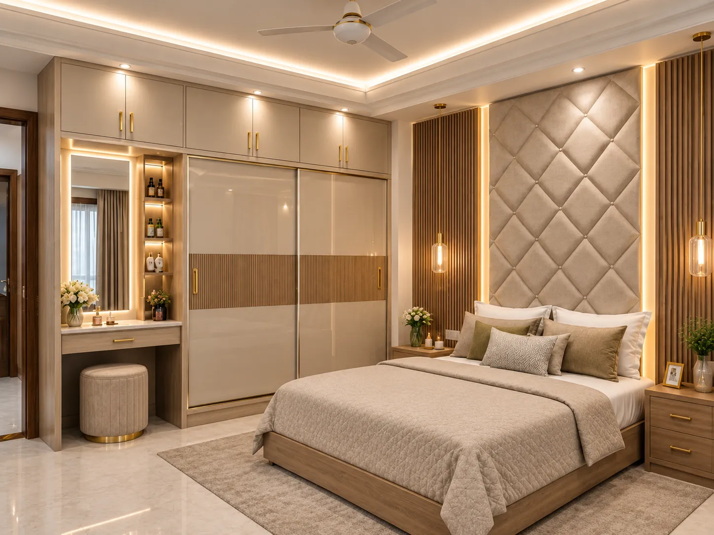 Modern bedroom interior design featuring an elegant bed with a stylish headboard, customised wardrobes, coordinated wall colours, ambient lighting and smart storage solutions for a comfortable and visually balanced space.