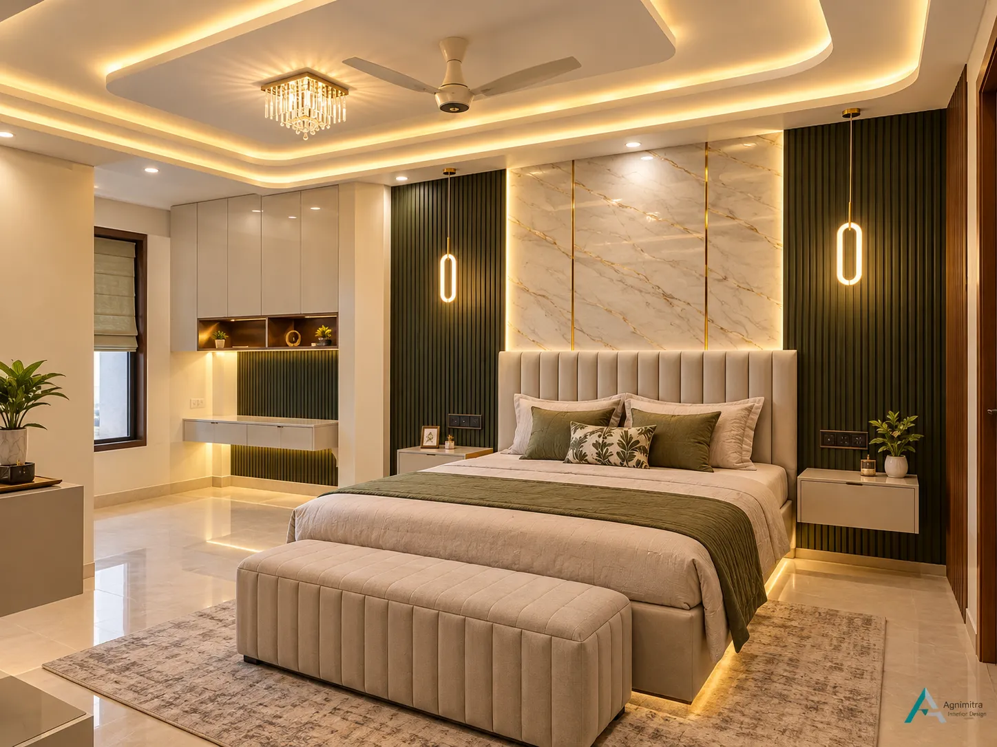 Modern residential interior design featuring elegant furniture, coordinated colours, stylish lighting, customised storage and practical space planning for a comfortable, well-organised home.