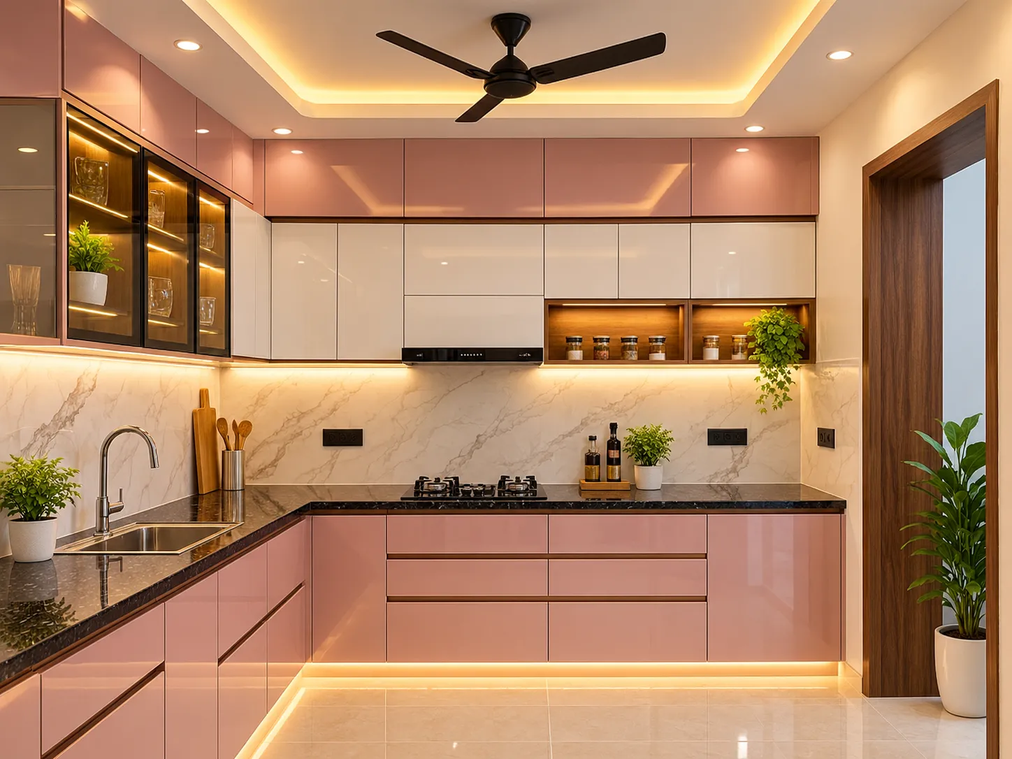 Modern modular kitchen interior design featuring sleek cabinets, practical storage solutions, an elegant countertop, coordinated finishes and well-planned lighting for a functional and stylish cooking space.