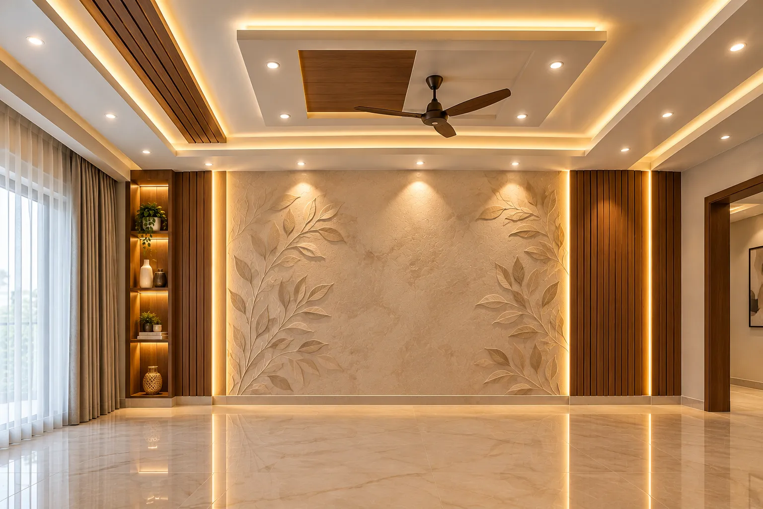 Modern interior lighting design featuring recessed spotlights, concealed LED strip lighting, elegant pendant lights and warm ambient illumination to enhance the room's atmosphere, highlight design details and create a comfortable living space.